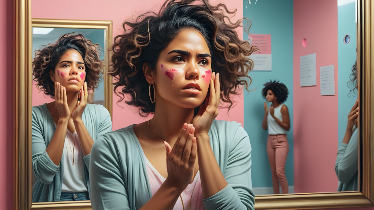 Imagen de una mujer latina mirándose al espejo.