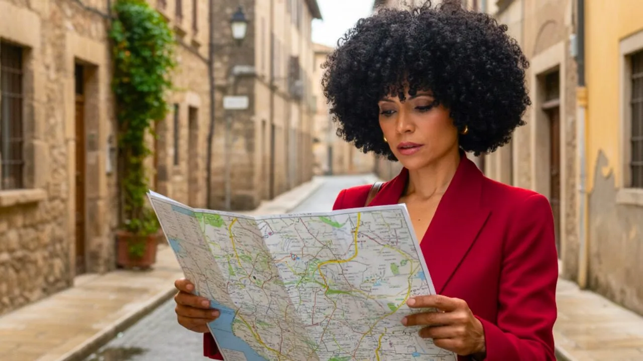 elaine-feliz-perdida-en-una-calle-mirando-un-mapa-de-papel