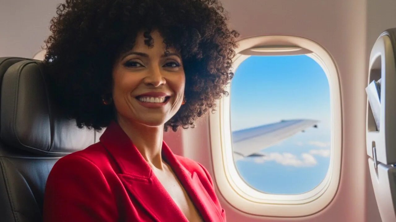 elaine-feliz-sentada-en-un-avion-junta-a-la-ventana